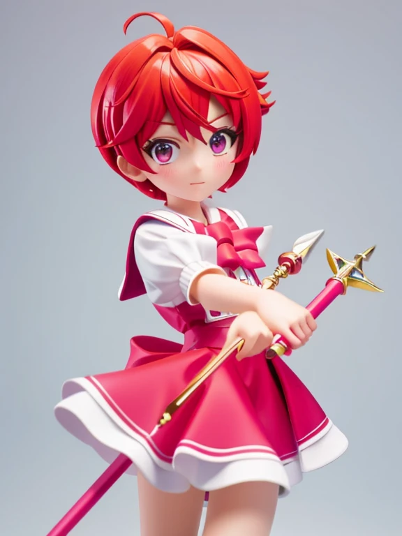 Magical giel、Primary school students、Young girl、、height: 130cm、Short Hair、Shortcuts、boyish、Circlet、Character portrait、spats、hot pants、Magical Girl Costume、Red clothes、Red Hair、Red eyes、Magic wand、Fighting gloves on hands
