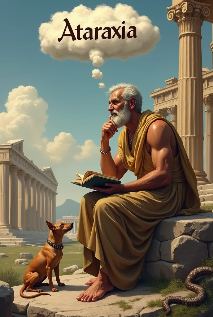 a philosopher sitting on a rock, surrounded by Greek columns, with an expression of tranquility and wisdom. He has one hand on his chin and the other is holding an open book.. a dog (representing fidelity and simplicity) is sitting at his feet.

On top, There is a cloud with the inscription "Ataraxia" (imperturbability), And below, A snake (representing wisdom and renewal) coils around the rock.

In the background, There is a Greek city in ruins, symbolizing the rejection of tradition and authority. The philosopher looks towards the horizon, representing his focus on the search for truth and individual happiness.