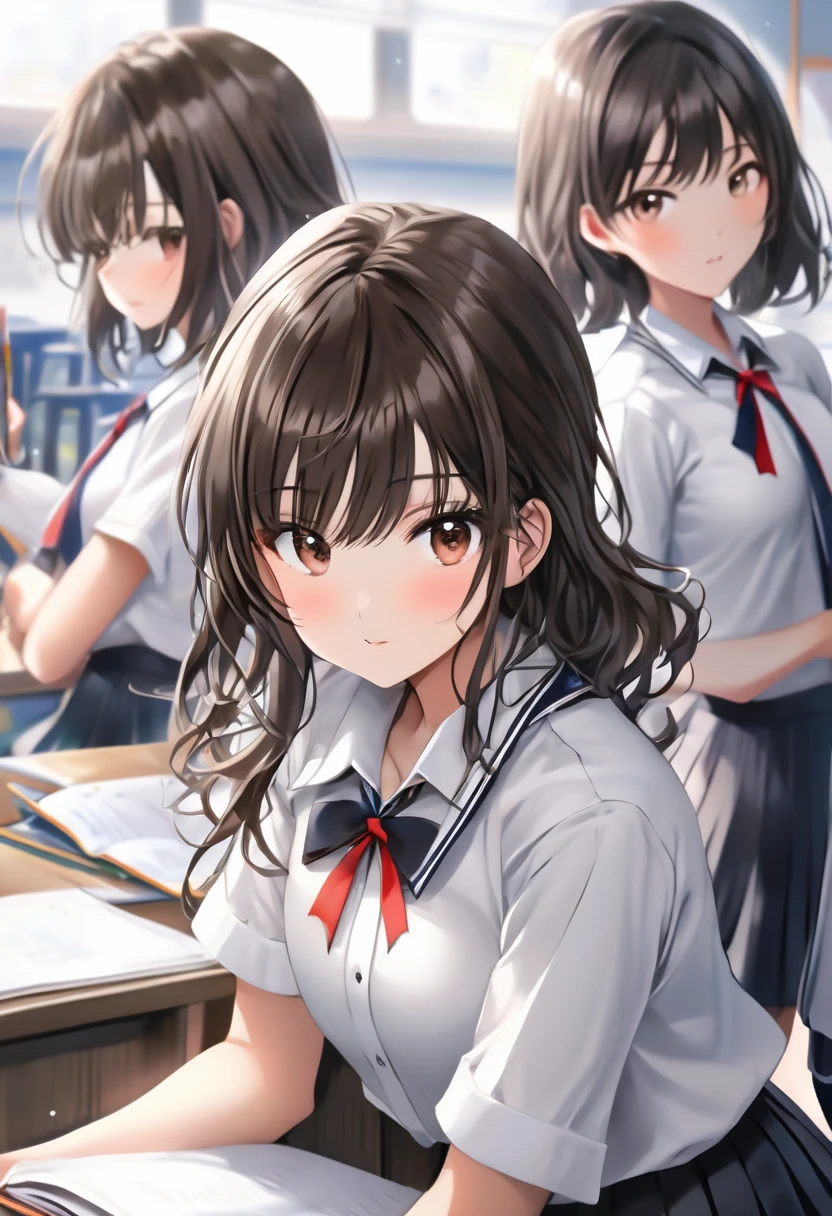 masterpiece, best quality, ultra-detailed,School classroom、 from behind、from below、(Top quality illustrations:1.2), (1 girl、17 years old), (high school girl)、Dark brown hair、short hair、 {white business shirt,  dark gray pleated skirt, black high socks},