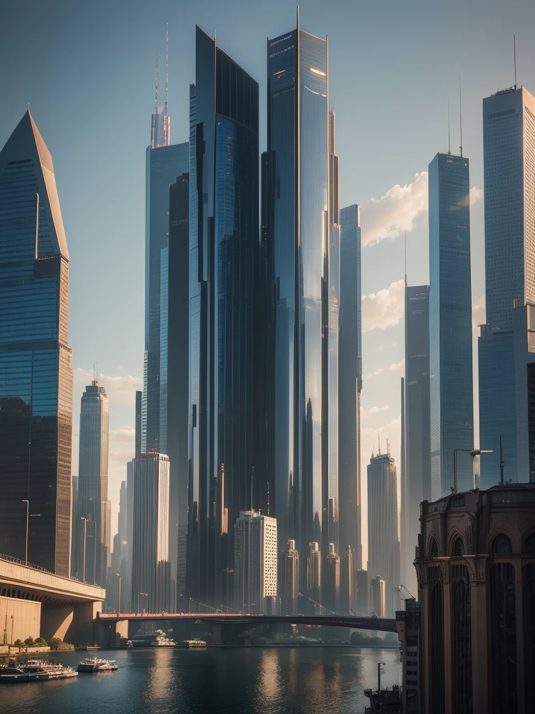 a futuristic city skyline with towering skyscrapers, an enormous bridge spanning across the scene, 1000x taller buildings than normal, sci-fi, futuristic world, imagination-defying world, space, cyberpunk, 8k, colossal, dreamlike, best quality, (best quality, 4k, 8k, highres, masterpiece:1.2), ultra-detailed, (realistic, photorealistic, photo-realistic:1.37), HDR, UHD, studio lighting, ultra-fine painting, sharp focus, physically-based rendering, extreme detail description, professional, vivid colors, bokeh