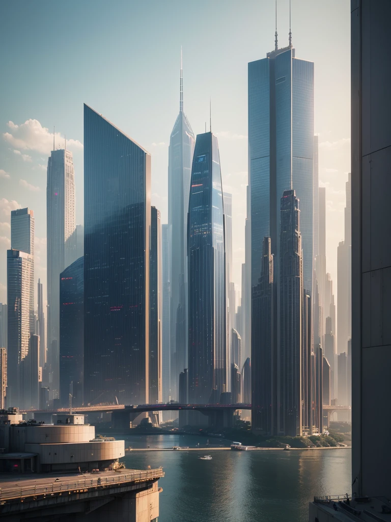 a futuristic city skyline with towering skyscrapers, an enormous bridge spanning across the scene, 1000x taller buildings than normal, sci-fi, futuristic world, imagination-defying world, space, cyberpunk, 8k, colossal, dreamlike, best quality, (best quality, 4k, 8k, highres, masterpiece:1.2), ultra-detailed, (realistic, photorealistic, photo-realistic:1.37), HDR, UHD, studio lighting, ultra-fine painting, sharp focus, physically-based rendering, extreme detail description, professional, vivid colors, bokeh