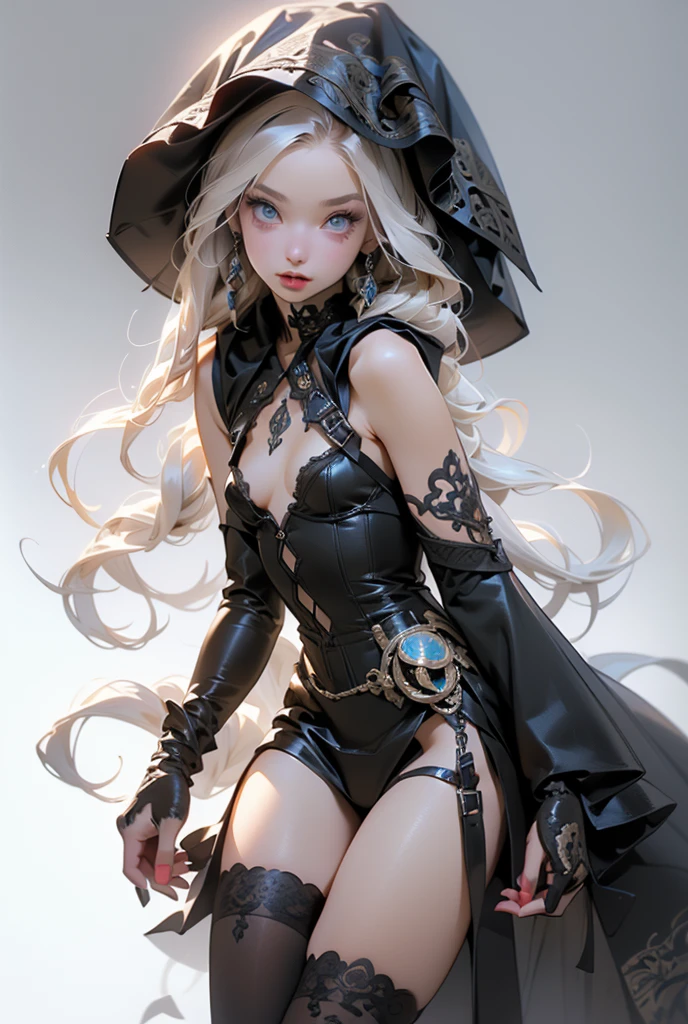 (((masterpiece, of the highest quality, super detailed))), (a witch belonging to an occult order of knights), (a knight crossed with a witch), Victorian era inspired, ((minimal but intricate beautiful armour)), Fluttering lace flared dress with frilly petticoats, ((nier automata meets bloodbourne)), ((((Highly detailed face))), (((Very sharp focused eyes))), very long eyelashes, small breasts, (((flat chest:1.1))), occult aesthetic, (red and white clothing detailed and intricate steampunk and detailed gothic), (with a hood), complex lace boots,