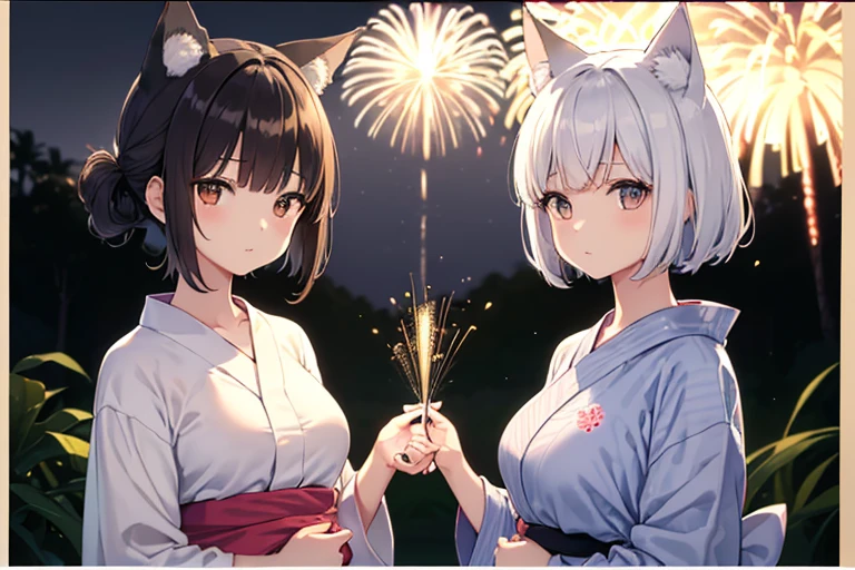 (Printed Polaroid Photo\(2females および2人の女の子 cute,cute Five fingers Five fingers Small wolf ears Small wolf ears White Shorthair Brown short hair Petite Petite She has big breasts She has big breasts first round first round yukata yukata The background is fireworks