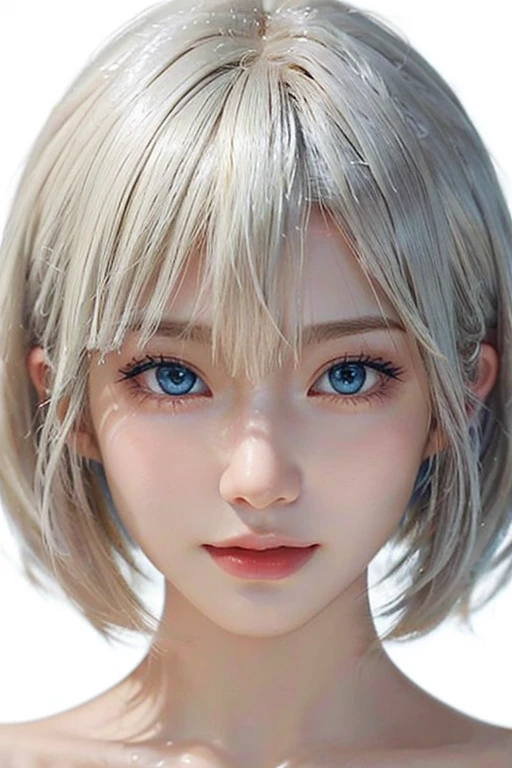 /imagine: Digital illustration of a young woman in her twenties。((face:
Sharp jaw、Thin eyebrows、整ったface立ち
クールな印象を与える切れ長の目
目:
Blue Eyes、Cold eyes with subtle highlights:
Short Bob、Her bangs are cut diagonally and her hair is platinum blonde.:
Light Skin Tone、Smooth and healthy looking skin:
Neutral or slightly smiling))。Simple white background、Highlight her features。The style is photorealistic、The texture of the skin and the fine details of the hair are depicted with great detail.。The image is in portrait format、Composition suitable for SNS profile picture。