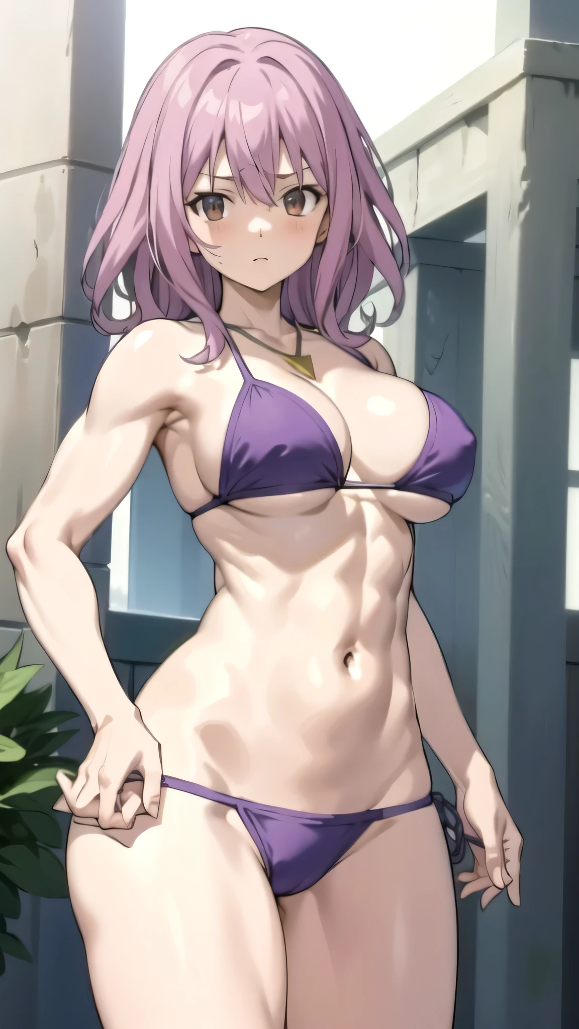 masterpiece、Highest quality、High resolution、mimi tachikawa、Anime Girls、solo、Muscular and strong、looking at viewer、Cowboy Shot、Strong muscles、Purple Hair、Medium Hair、Brown eyes、Big Breasts、Girls with very large breasts、abdomen、cleavage、collarbone、belly button、bikini top with an purple、bikini bottom with an purple、in a triangle bikini、necklace、Temple ruins、