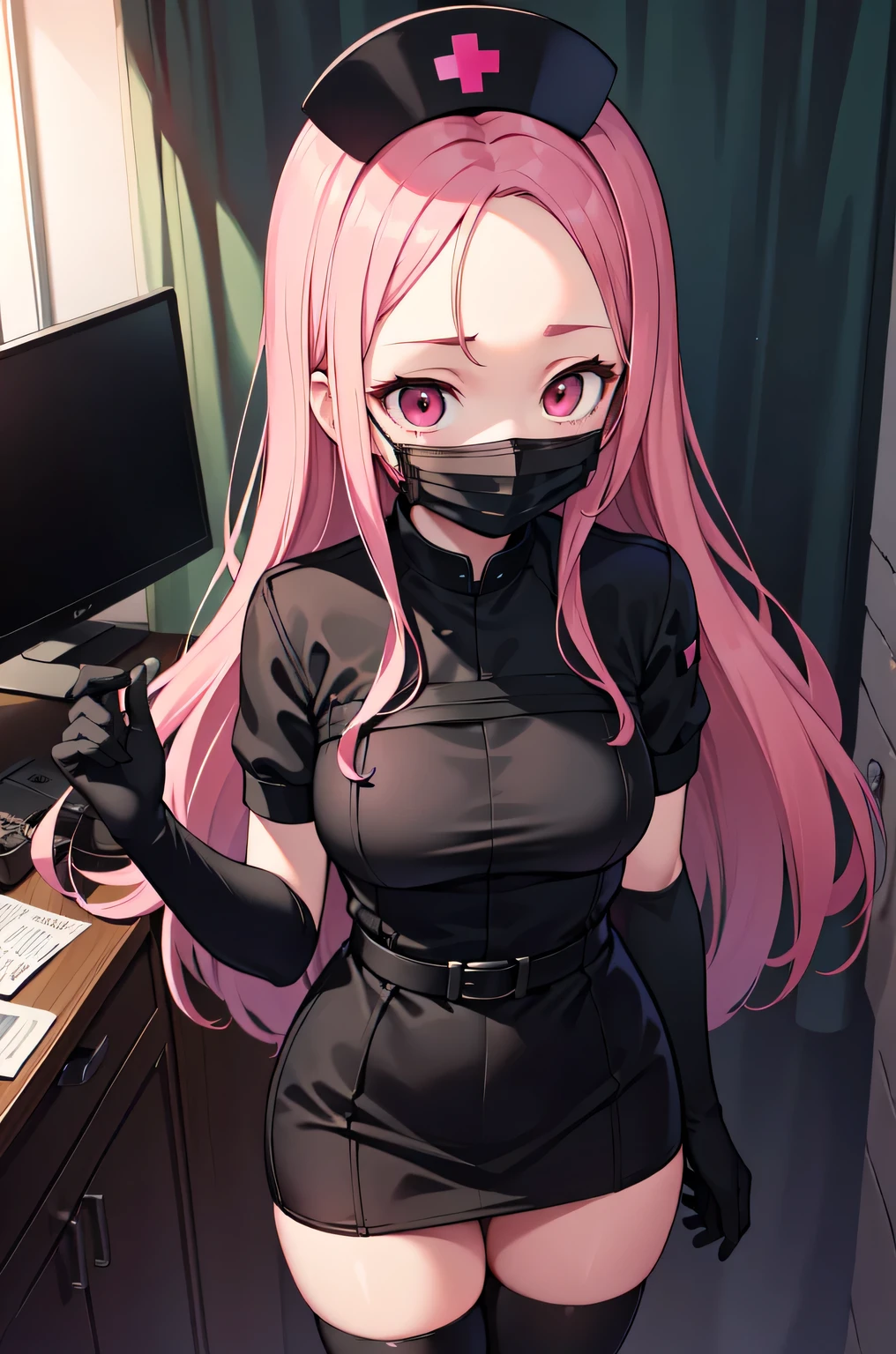 black nurse, 1woman, solo, black nurse cap, black nurse uniform, ((black legwear, zettai ryouiki)), black elbow gloves, forehead, long hair, green hair, pink eyes, ((black surgical mask, covered nose)), standing, ((surgery room)), sharp outline, short sleeves, mature female, 35 years old, best quality, masterpiece