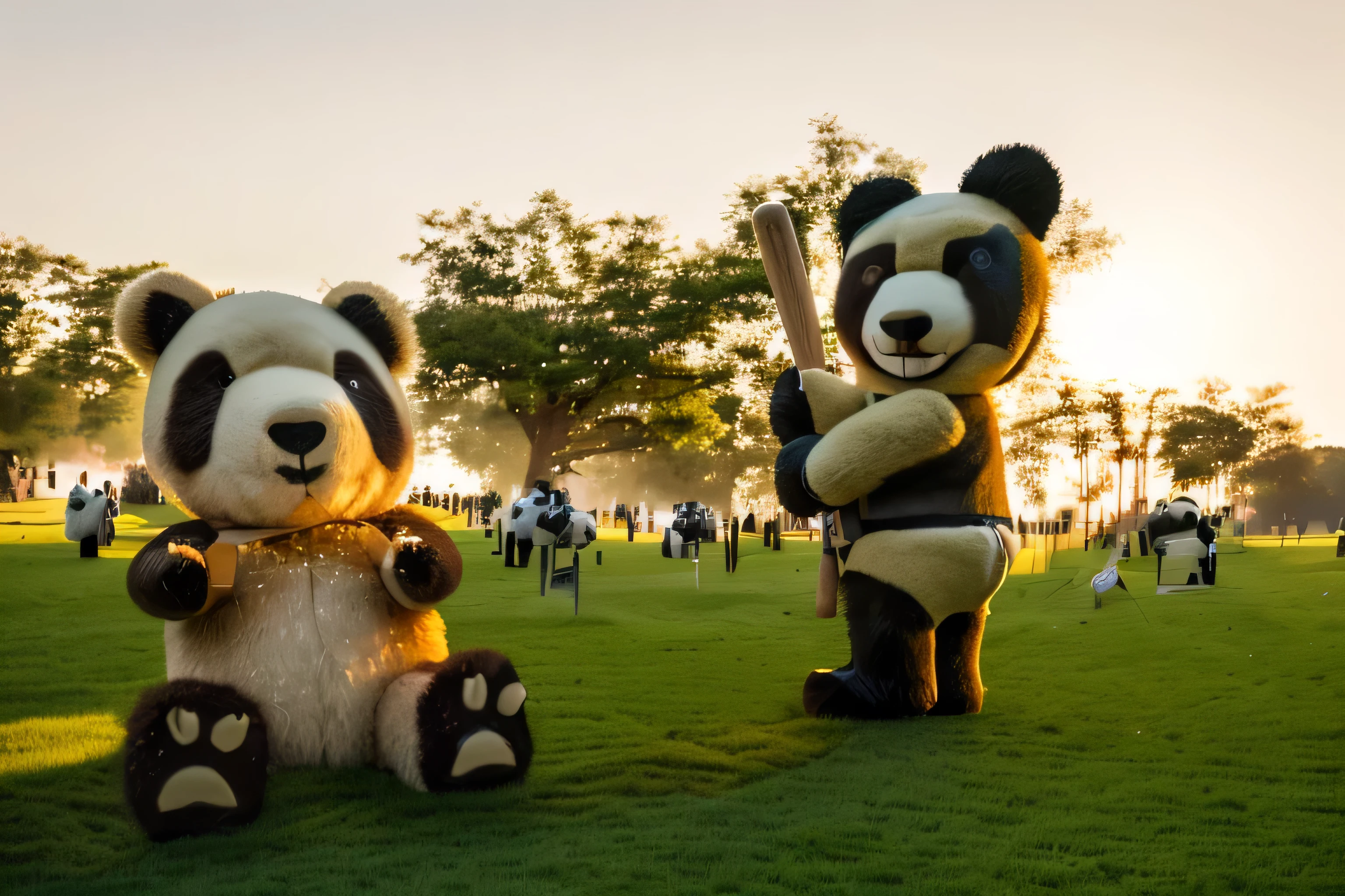 There is a huge teddy bear and a giant panda on the grass,Teddy bear holding a baseball bat, The giant panda has straw in its stomach, Photos taken with Sony a7r, Shot with Sony a7r camera, Artistic Interpretation, Shot with Sony Alpha 9, High-quality photos, Anthropomorphic warrior bear, Cute giant panda,Animal statues,