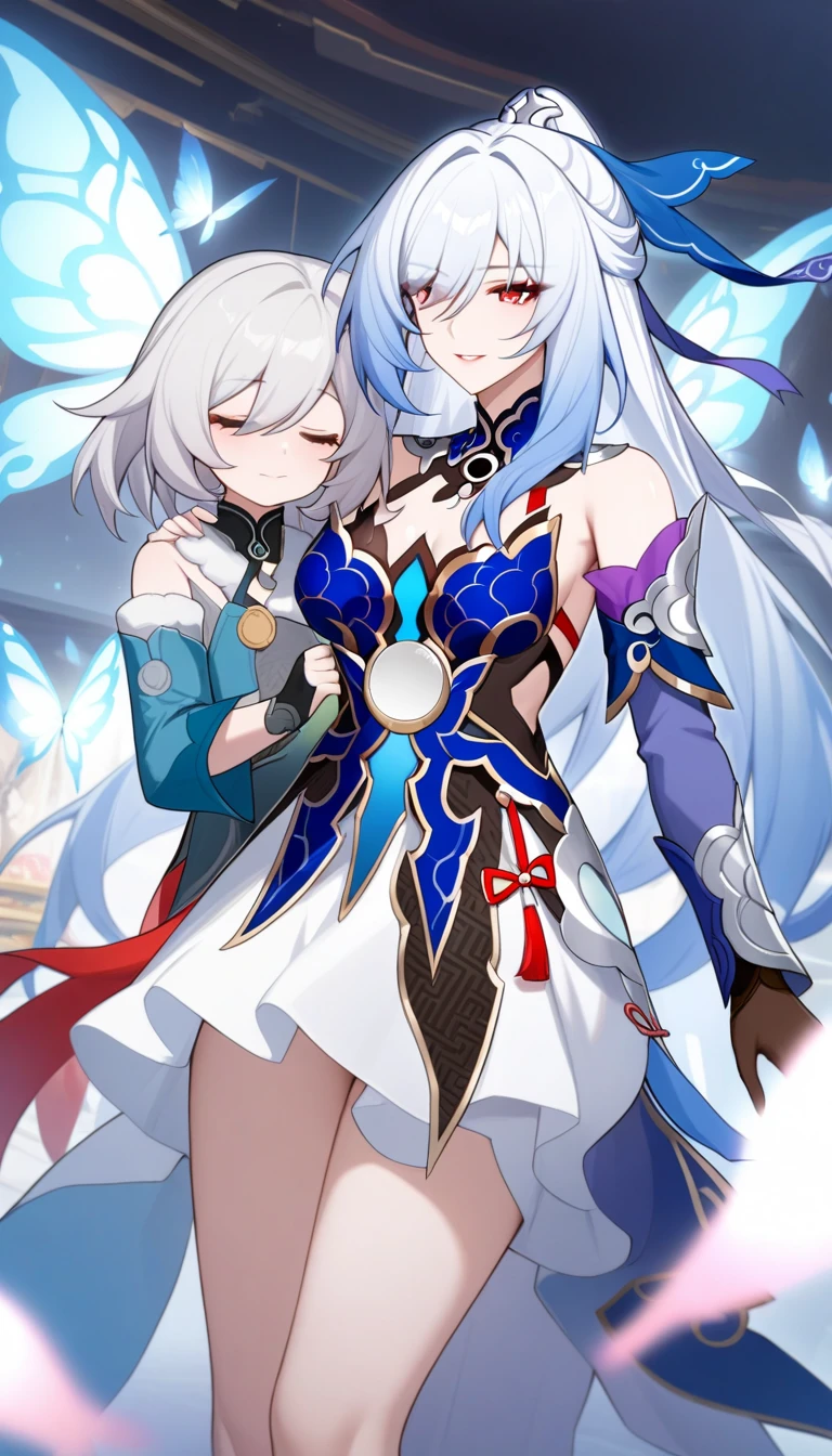 mother and daughter, age_difference,size_difference, two girl huge each other, masterpiece, best quality, very aesthetic, absurdres, ,mature mother and cute daughter, jingliu \(honkai: star rail\), honkai: star rail, long hair, white hair, red eyes, breasts, bare shoulders, detached sleeves, gloves, black gloves, high ponytail, dress,on stage,luminous butterflies, fluttering butterflies,