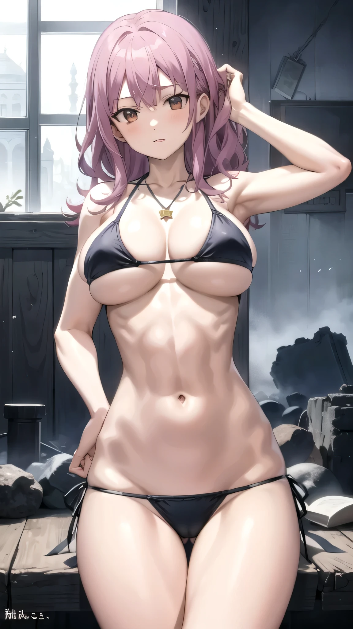 masterpiece、Highest quality、High resolution、mimi tachikawa、Anime Girls、solo、Muscular and strong、looking at viewer、Cowboy Shot、Strong muscles、Purple Hair、Medium Hair、Brown eyes、Big Breasts、Girls with very large breasts、abdomen、cleavage、collarbone、belly button、bikini top with an black、bikini bottom with an black、in a triangle bikini、necklace、Temple ruins、
