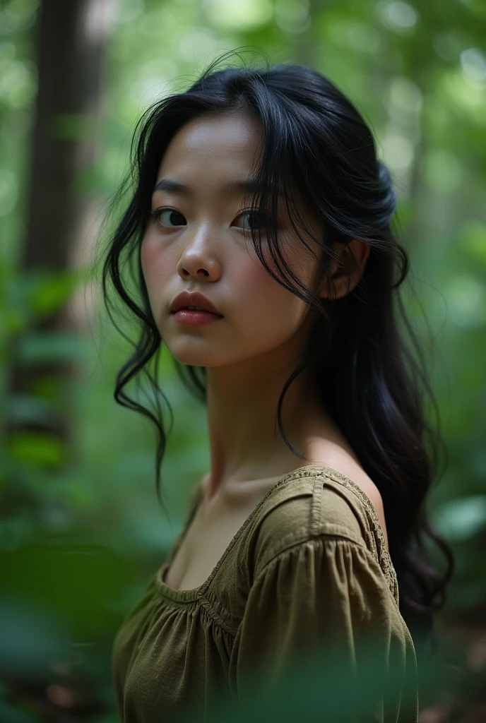 Girl with Asian features lost in the forest