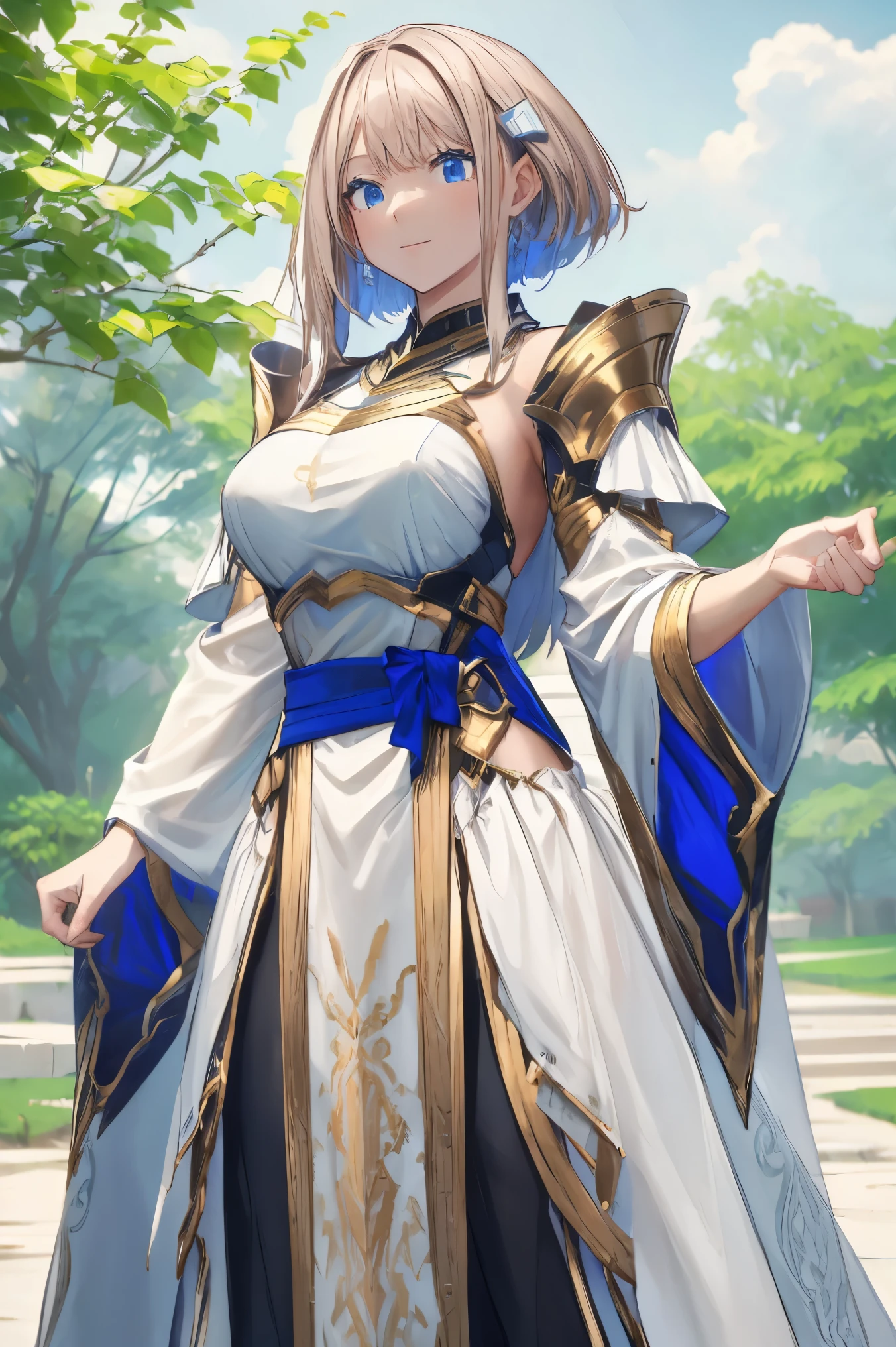 female, hair ornament, smile, look at camera,  white hair, blue eyes, armor, long hair, big tits,