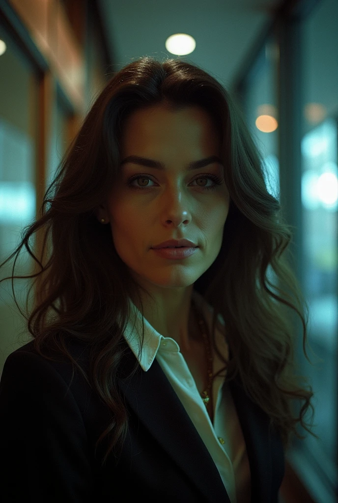Portrait of a professional woman in the 1970s, Rainy Night,New York Office Building,Extremely detailed face, Low light, Perfect lighting, Nostalgia, ISO100, cinestill 800T, polarizing filter, Bright and bold colors, High-quality photos, Still frame from a movie