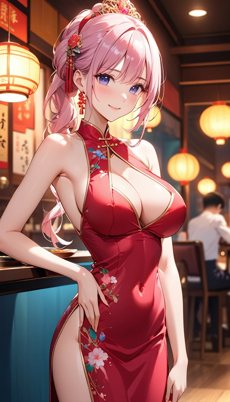 高いquality illustration, masterpiece, Very delicate and beautiful, Attractive girl,(Shiny pink Chinese dress),thin,Slender body,slim,Chinese restaurant background,Princess, Beautiful Eyes、smile、blush、(masterpiece, Highest quality:1.2), High res, Very detailed CG ユニティ 8k 壁紙, Perfect lighting, colorful, Ultra-high res,4K,Very detailed, photograph, 8k, High resolution, 、Thick pubic hair、Thick pubic hair、Big Breasts、Cleavage、Hands on hips、Armpits