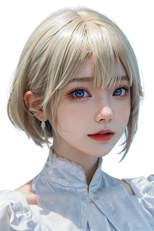 /imagine: Digital illustration of a young woman in her twenties。((face:
Sharp jaw、Thin eyebrows、整ったface立ち
クールな印象を与える切れ長の目
目:
Blue Eyes、Cold eyes with subtle highlights:
Short Bob、Her bangs are cut diagonally and her hair is platinum blonde.:
Light Skin Tone、Smooth and healthy looking skin:
Neutral or slightly smiling))。Simple white background、Highlight her features。The style is photorealistic、The texture of the skin and the fine details of the hair are depicted with great detail.。The image is in portrait format、Composition suitable for SNS profile picture。