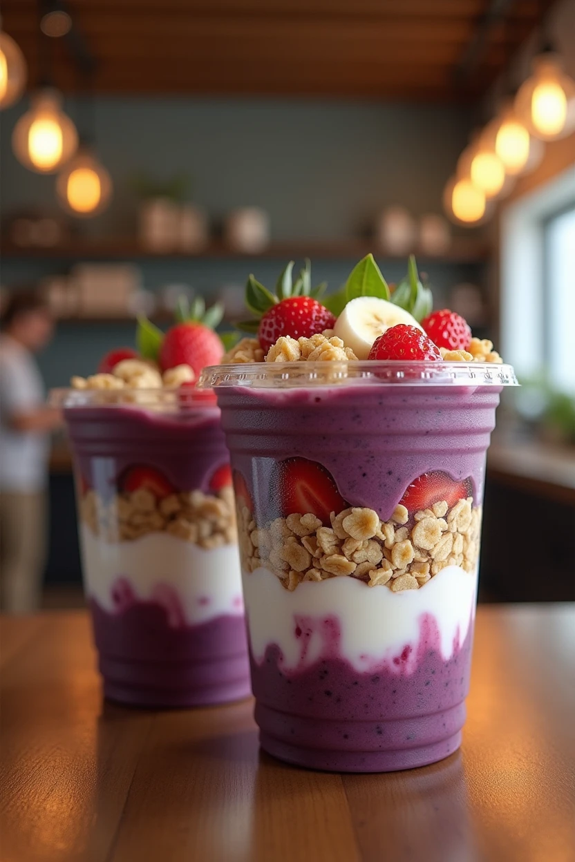 Prompt:
"Realistic image of açaí in transparent plastic containers of 400 ml, 500 ml, and 800 ml, with visible layers of condensed milk, powdered milk, granola, and strawberry (or banana). The setting should be a cozy açaiteria environment."
Visual Details:
Focus on Layers: the color of the açaí should be dark. Make sure the layers of each ingredient are clearly visible and detailed., showing the clear separation between the açaí, condensed milk, nest milk, granola, and the fruits.
Package Sizes: Clearly differentiate the three sizes (400 ml, 500 ml, 800 ml) so that they are visually distinct.
transparency: Using clear plastic packaging will help highlight the layers of ingredients..
enviroment:
Scenario: Include details of the açaí shop's environment in the background, but keep the main focus on the açaí packaging.