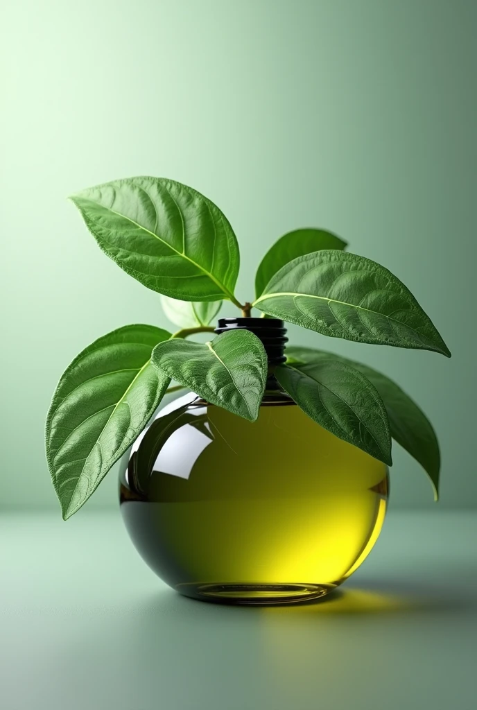 Herbal leaves on round of oil bottle