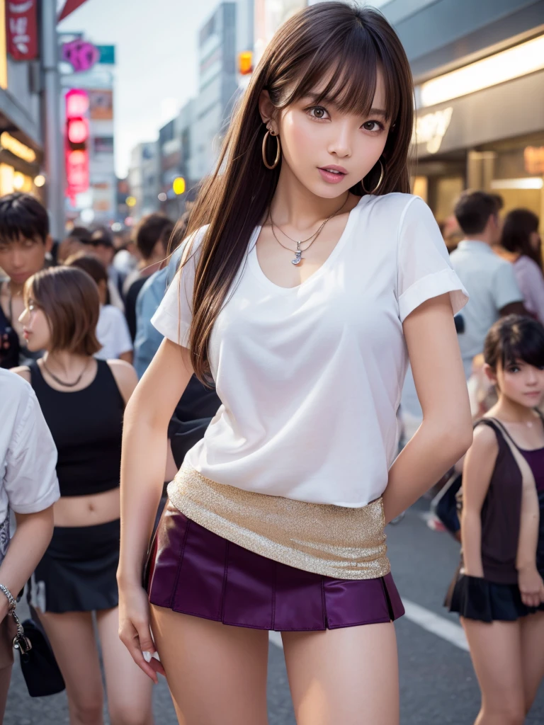 Product quality,1 girl,Cowboy Shot,Front view,Young and sexy Japanese girls,In town(Crowded street:1.4),Fashionable white shirt,wear,Fashionable bags,Fashionable necklaces,Fashionable earrings,((Blackberry Short Micro Mini Skirt:1.5)),wear,Strong winds,Skirt flip,String Panties,Super cute face,Glossy Lips,Double eyelids on both eyes,(Natural Makeup),Sticking out tongue,Strong wind from the front,shiny smooth light brown hair with long hair,,Asymmetrical bangs,Center image,8k resolution,Attention to detail,Detailed hairstyle,Detailed face,Cinema Lighting,Octane Rendering,Ultra-realistic,Perfect limbs,(Detailed fingers:1.5),Beautiful feet,Voluptuous thighs,Huge breasts,Perfect Anatomy,She is standing,(Model pose:1.3)