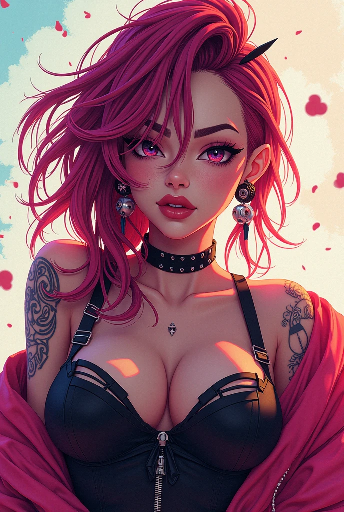 Woman,blue colored eyes, red and purple hair, breasts big, short dress
