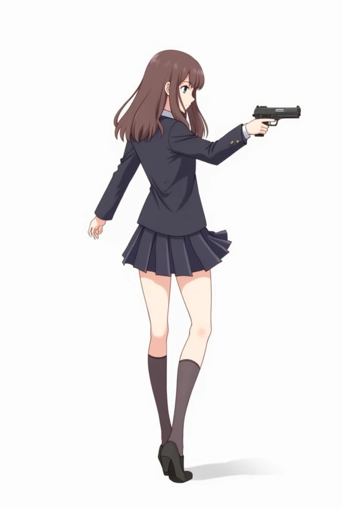 anime girl standing and pointing a gun straight ahead (her legs are also visible) white background