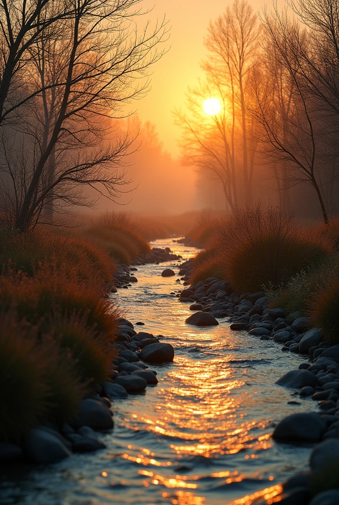 Warm-toned nature image with water, stream, sun, and bushes.  