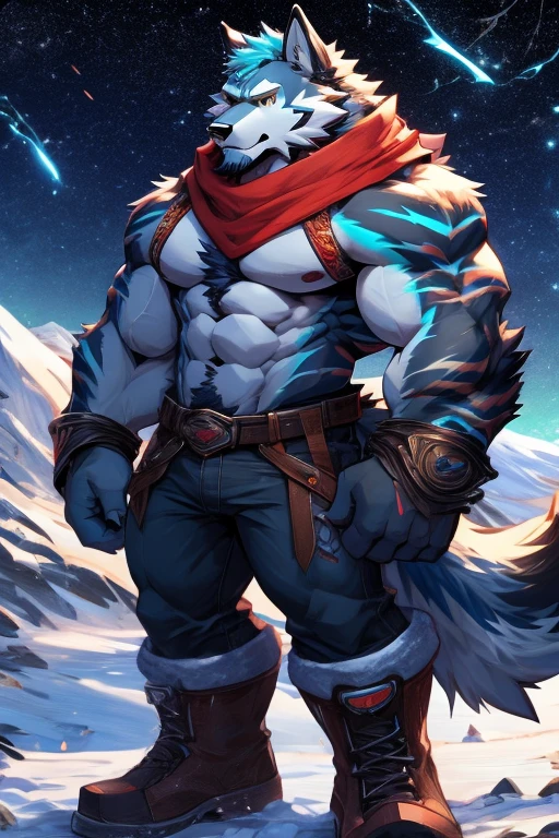 alone, muscular man, dad bod,muscular body,big abs, big pecs, ash blue hairy wolf, faded haircut (blue color)), big thick beard ((black color)), whiskers, amber eyes, ((red scarf)),
electrified stripes on arms, electricity on arms, stripes on arms ((cyan color)), hairy, wolf tail, wolf ear, bracelets, jeans ,winter boots, pecs, fangs, in the snowy field, mountains in the background, at night, starry night, fireflies around,giant 9'9 tall