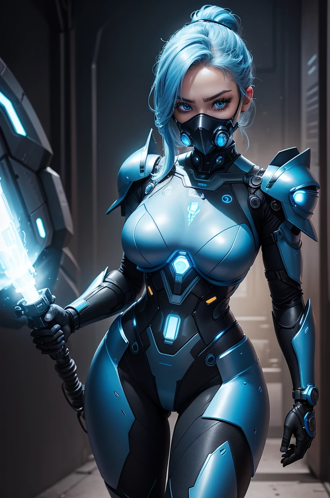 Woman body defined thick thighs cybernetic body parts, short underwear, cyborg warrior girl flat horizon photo, Girl android ,dynamic pose, she moves forward, she has long light blue hair, hair tied up in a ponytail, she has a mask on her face, a respirator, a woman with sexy hips, incredibly beautiful blue eyes and a gas mask on her face, half cyborg, technological modifications. Cool girl, Beautiful face, pretty face, look at the camera, blue metal cybernetic android robot body, Large, wide hips, suit with blue indicator lines with many blue details, blue colour corset, blue glowing lines on clothing details, realistic face with detailed elaboration, long eyelashes and expressive blue eyes, cybernetic armor with a blue glow from under the joints and joints, she has blue eyes , frame with a flat horizon, Anime Style design, blue Lasers, blue smoke fountain on background Cyberpunk style, high image detail, 4k quality, the camera films Her from below, lower angle of photography, black background image of a night black city and blue neon lights, blue lamps, blue lighting, blue flashes IN THE BACKGROUND are the blue lights