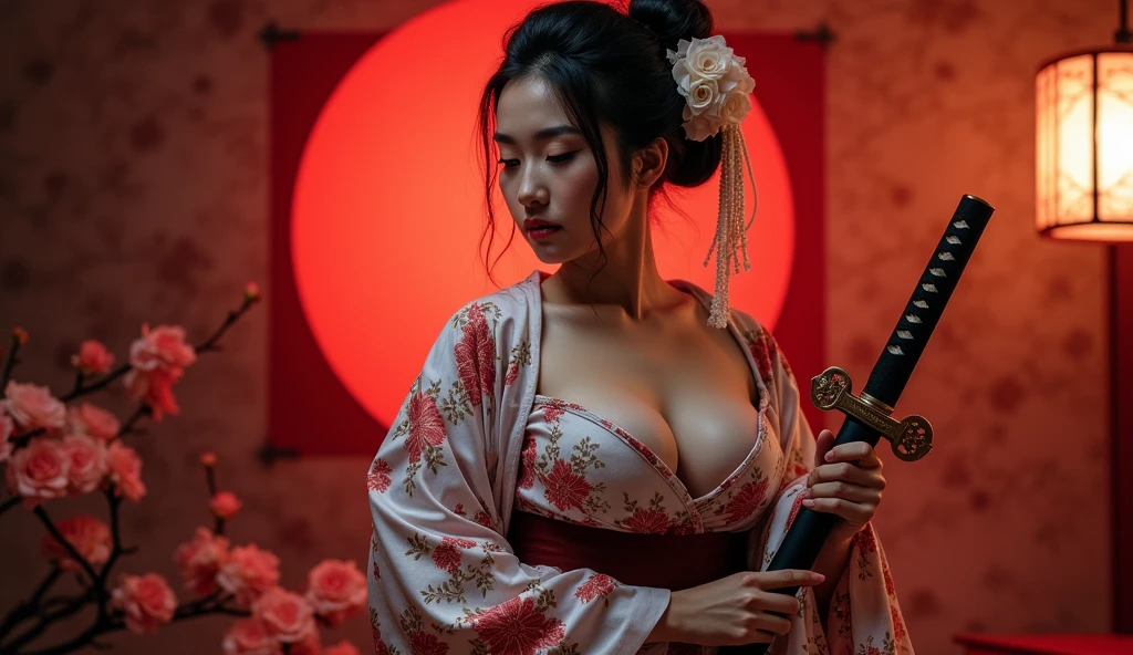 
beautiful japanese woman with big breasts in revealing kimono and katana сад сакура