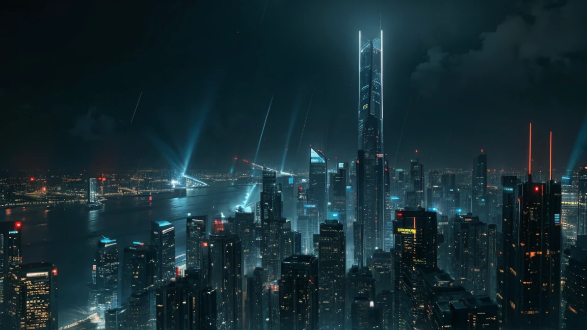 A realistic image of a futuristic city seen from the terrace of a skyscraper, inspired by the movie "Blade Runner". It is raining and the scene has a 16:9 aspect ratio.