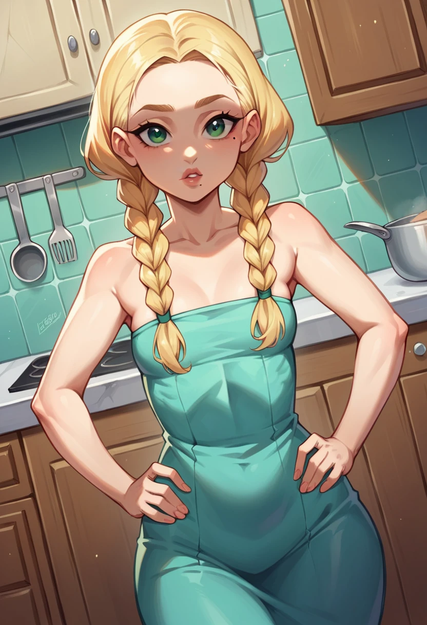 {{upper body, dutch angle}} {{Artist: shexyo}} 1girl, 25 year old woman, blonde braided pigtails hair, green eyes, light blue slip-on dress, big pink full lips, small mole on right cheekbone, small cleavage, small breasts, wide hips, blank expression, indoors, kitchen, standing, hands on hips, pov.