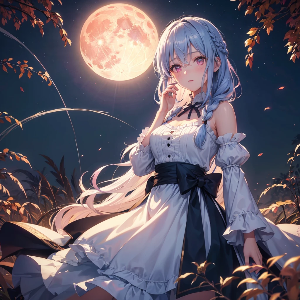 (Braiding),(Sky blue medium hair), (Pink eyes),(Fair skin) ,(whole body),(One Girl),(harvest moon),(A large amount of Miscanthus sinensis in the background),autumn,(full moon),(masterpiece, Highest quality, Very detailed, Best Shadow), (Detailed Background), (Beautifully detailed face), High Contrast, (Best lighting, Very delicate and beautiful), ((Cinematic Light)), Hyper Detail,8k, Dramatic Light, Intricate details
