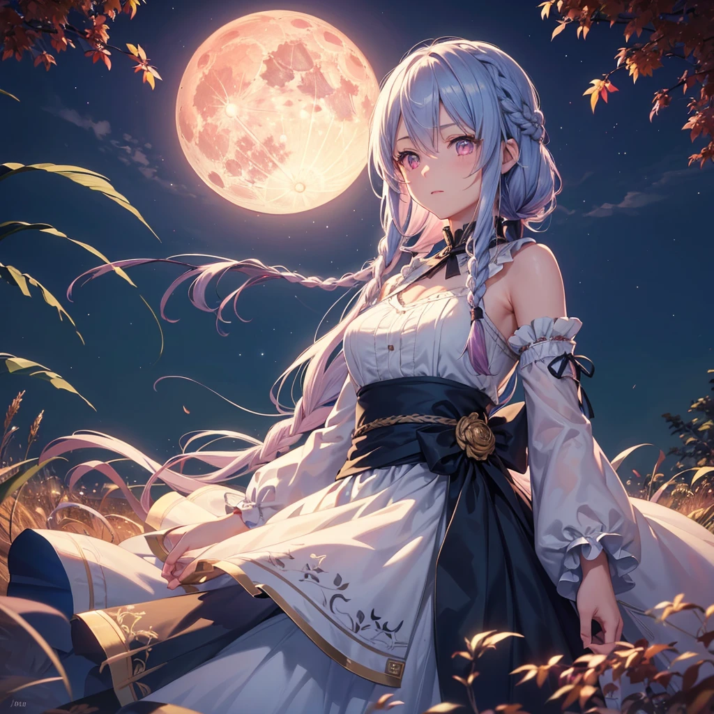 (Braiding),(Sky blue medium hair), (Pink eyes),(Fair skin)  ,(whole body),(One Girl),(harvest moon),(A large amount of Miscanthus sinensis in the background),autumn,(full moon),(masterpiece, Highest quality, Very detailed, Best Shadow), (Detailed Background), (Beautifully detailed face), High Contrast, (Best lighting, Very delicate and beautiful), ((Cinematic Light)), Hyper Detail,8k, Dramatic Light, Intricate details