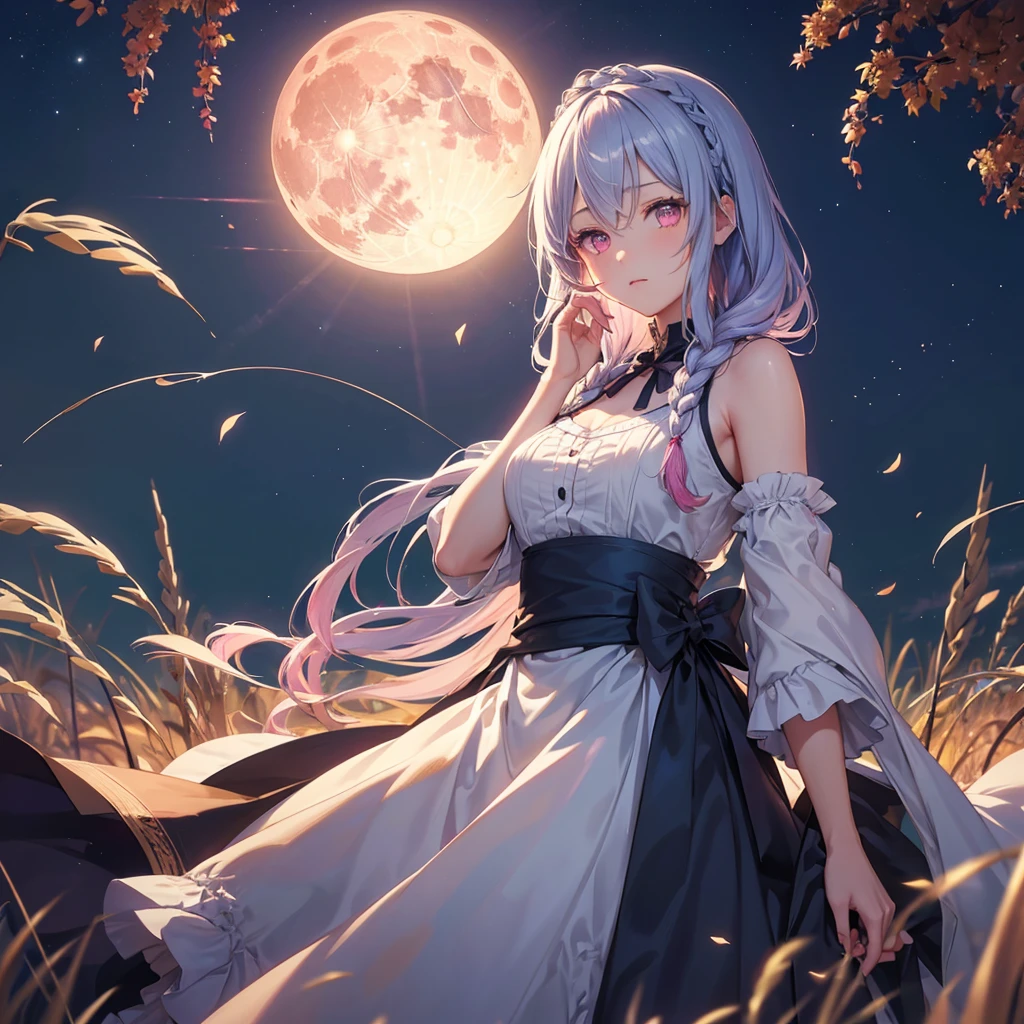 (Braiding),(Sky blue medium hair), (Pink eyes),(Fair skin) ,(whole body),(One Girl),(harvest moon),(A large amount of Miscanthus sinensis in the background),autumn,(full moon),(masterpiece, Highest quality, Very detailed, Best Shadow), (Detailed Background), (Beautifully detailed face), High Contrast, (Best lighting, Very delicate and beautiful), ((Cinematic Light)), Hyper Detail,8k, Dramatic Light, Intricate details