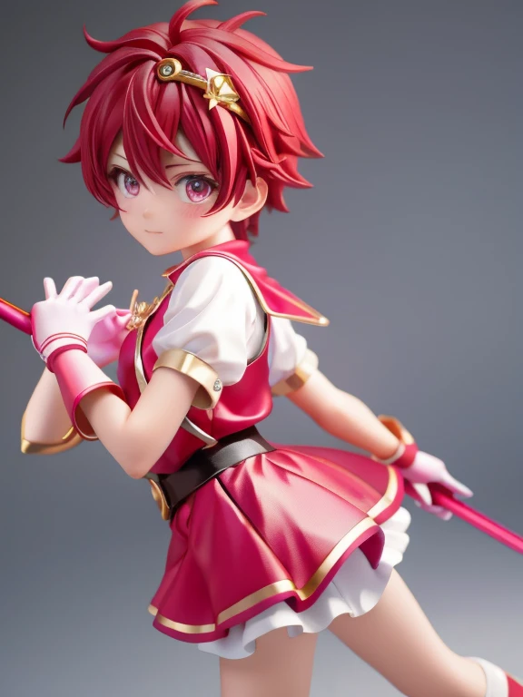Magical giel、Primary school students、Young girl、、height: 130cm、Short Hair、Shortcuts、boyish、Circlet、Character portrait、spats、hot pants、Magical Girl Costume、Red clothes、Red Hair、Red eyes、Magic wand、Fighting gloves on hands