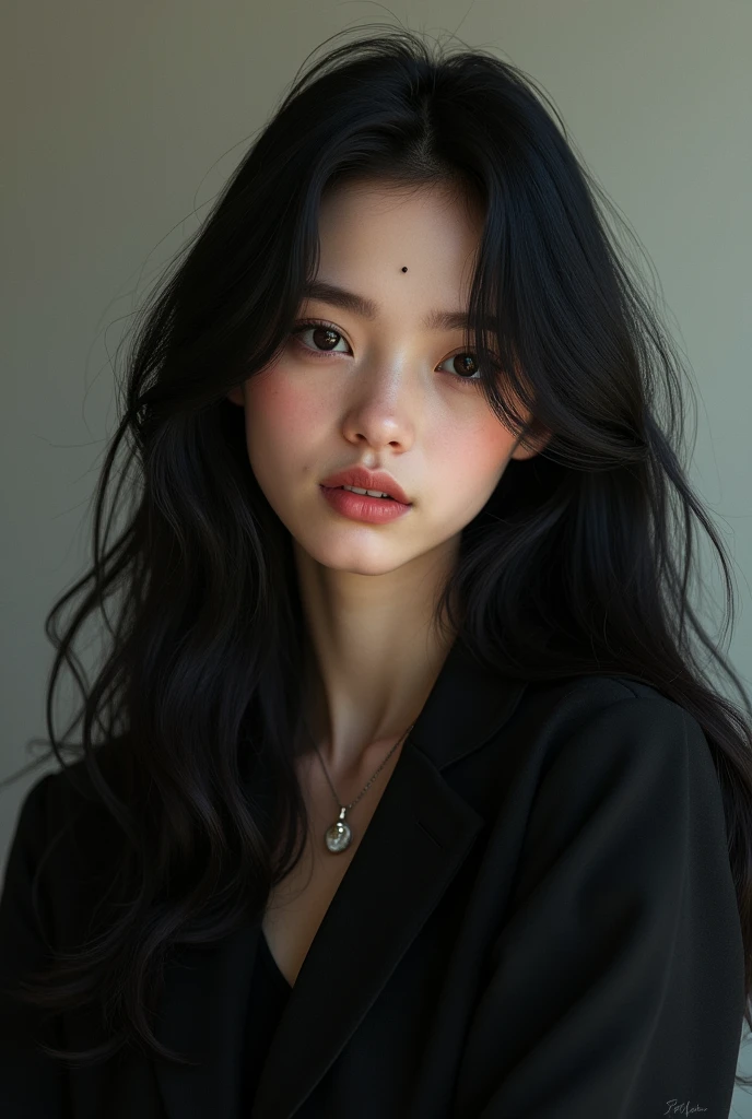 Make me a picture of a 20 year old girl with long black hair, glasses, dark eyes, a mole on her forehead., a black blouse and black jacket with mbti enfp aura