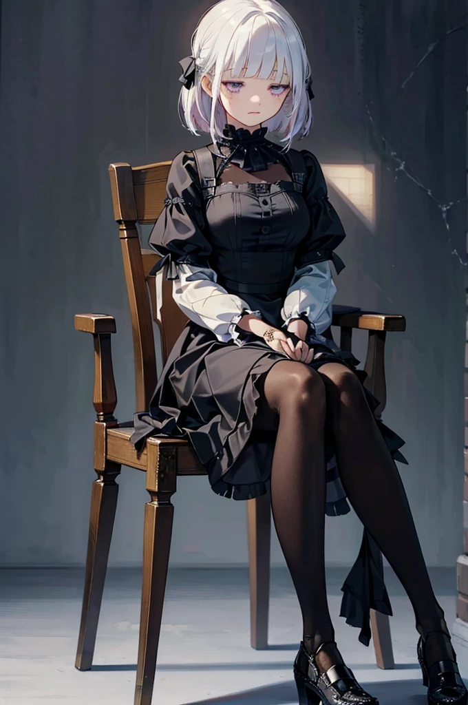 Doll joints, Chair, Sit up straight, Apathy, Sleep, Ceiling lighting, Gothic Dress, No sleeve, close your eyes, Centered, spiderweb, Brick wall, Dim Light, (masterpiece, Highest quality, Very detailed, Highest quality, beautifully、aesthetic:1.2), (One girl:1.3), original, High resolution, Surreal,