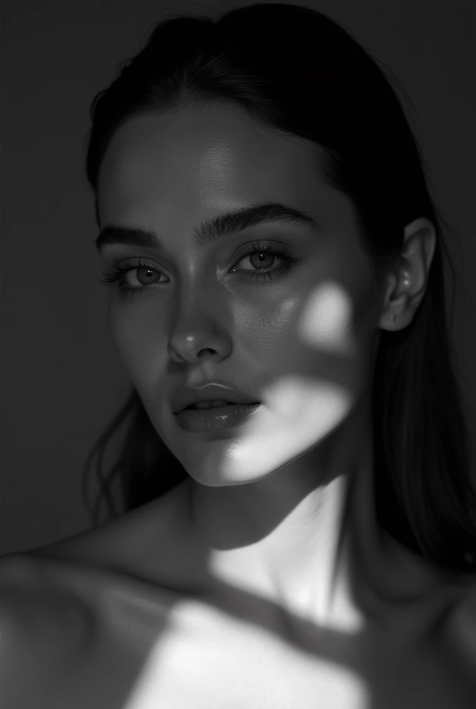 a black and white photo of a woman with shadow., in the style of minimalist beauty, light bronze and bronze, serene faces, sharp edges, karencore, high definition, contrast shading, realism --ar 3:5 --stylize 750 --v 6.0 --style raw