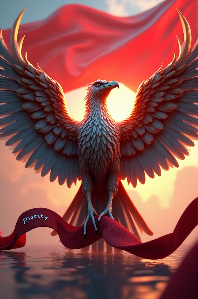 HARIANTO ODE The Garuda bird has beautiful wings and behind it is the red and white Indonesian flag and carries a ribbon with the name written on it."purity" while sitting with the beautiful color of the garuda bird,3D