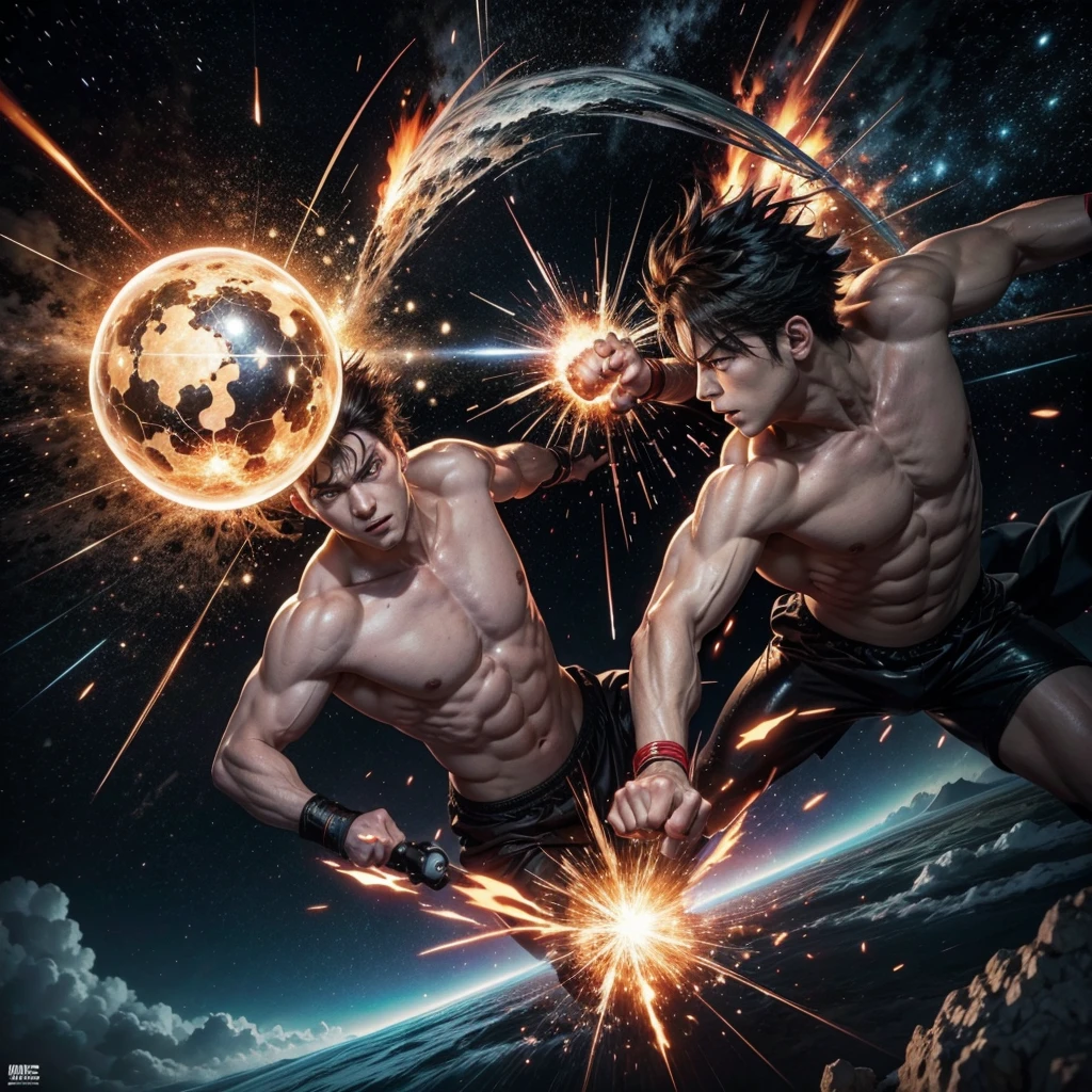 A manga panel with gods facing each other and their punches colliding causing an explosion that destroys the multiverse 