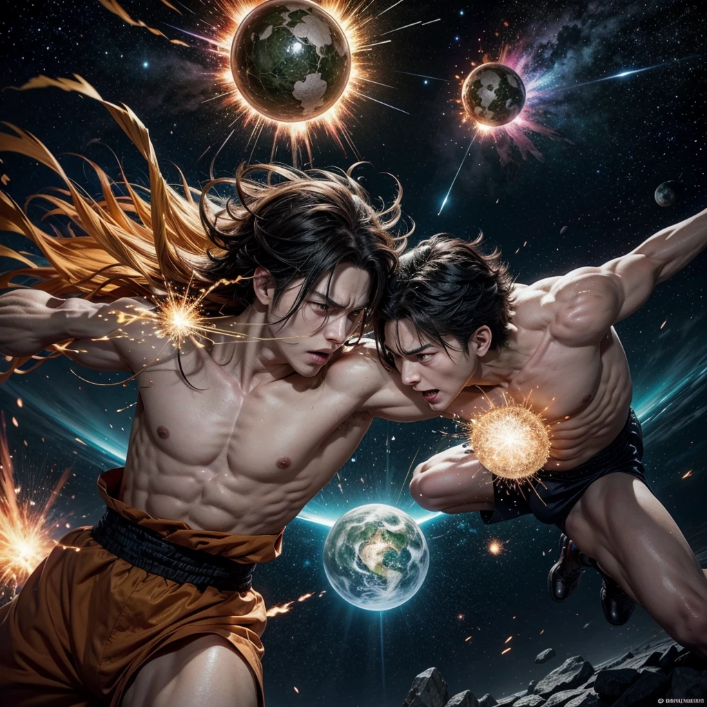 A manga panel with gods facing each other and their punches colliding causing an explosion that destroys the multiverse