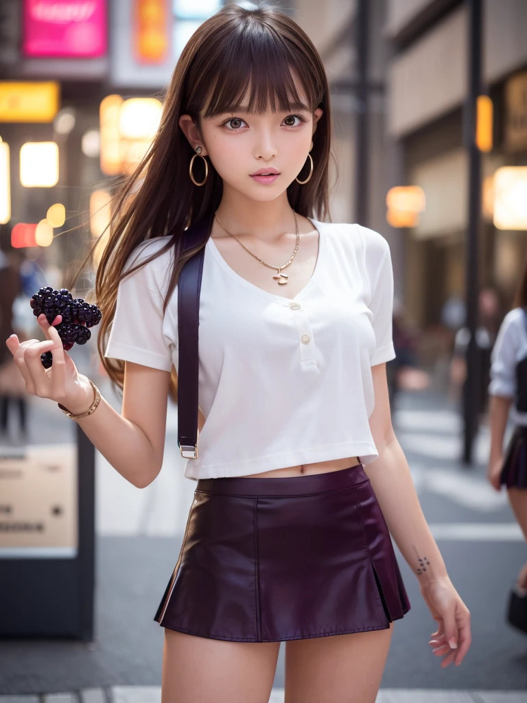 Product quality,1 girl,Cowboy Shot,Front view,Young and sexy Japanese girls,In town(Crowded street:1.4),Fashionable white shirt,wear,Fashionable bags,Fashionable necklaces,Fashionable earrings,((Blackberry Short Micro Mini Skirt:1.5)),wear,Strong winds,Skirt flip,String Panties,Super cute face,Glossy Lips,Double eyelids on both eyes,(Natural Makeup),Sticking out tongue,Strong wind from the front,shiny smooth light brown hair with long hair,,Asymmetrical bangs,Center image,8k resolution,Attention to detail,Detailed hairstyle,Detailed face,Cinema Lighting,Octane Rendering,Ultra-realistic,Perfect limbs,(Detailed fingers:1.5),Beautiful feet,Voluptuous thighs,Huge breasts,Perfect Anatomy,She is standing,(Model pose:1.3)