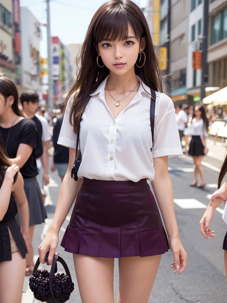 Product quality,1 girl,Cowboy Shot,Front view,Young and sexy Japanese girls,In town(Crowded street:1.4),Fashionable white shirt,wear,Fashionable bags,Fashionable necklaces,Fashionable earrings,((Blackberry Short Micro Mini Skirt:1.5)),wear,Strong winds,Skirt flip,String Panties,Super cute face,Glossy Lips,Double eyelids on both eyes,(Natural Makeup),Sticking out tongue,Strong wind from the front,shiny smooth light brown hair with long hair,,Asymmetrical bangs,Center image,8k resolution,Attention to detail,Detailed hairstyle,Detailed face,Cinema Lighting,Octane Rendering,Ultra-realistic,Perfect limbs,(Detailed fingers:1.5),Beautiful feet,Voluptuous thighs,Huge breasts,Perfect Anatomy,She is standing,(Model pose:1.3)