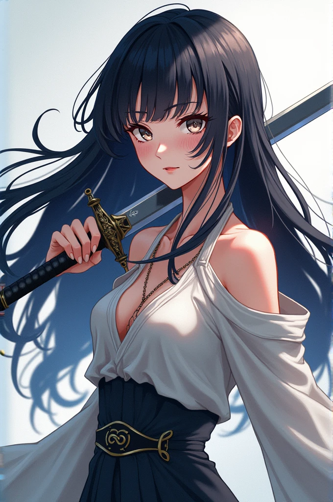 Anime character, beautiful girl with long black hair, holding a sword