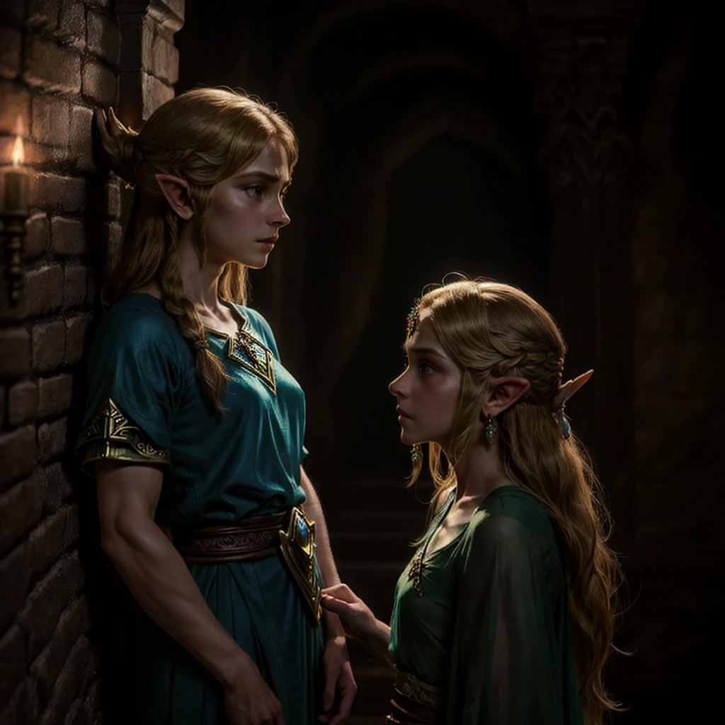 High Fantasy、Vivid depiction、live-action、Depicting a profile、Princess Zelda and Link、Seeing through the wall、Dark Room、Background blur、