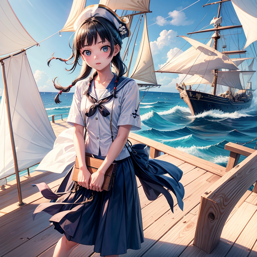One Girl(8Year), pirate, Highest quality、Cinema Lighting、Sailor suit、Long skirt、 Yacht(galleon)on the mast、White panties,
