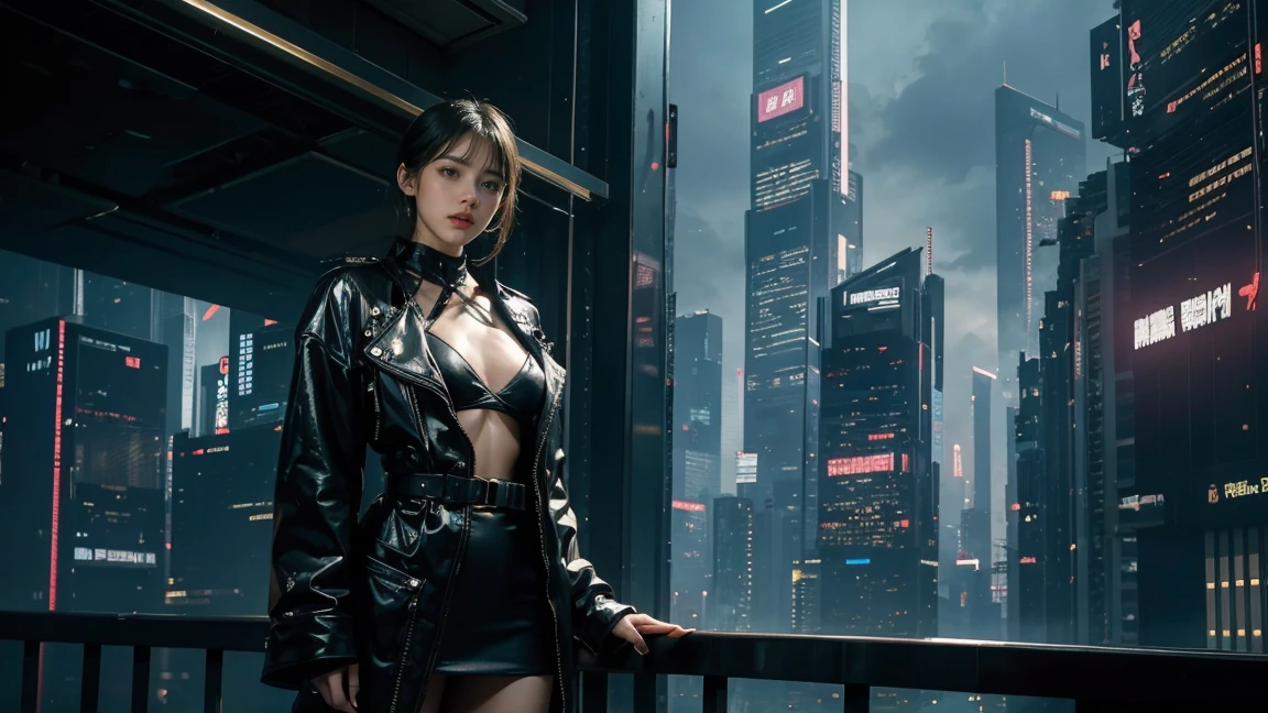 Living in a decadent world of the near future、、Cyberpunk Fashion、blade runner worldview、Asian Skyscrapers、''((it's raining)、fog、(Realistic depiction)、Beautiful woman looking up at the sky from the ground