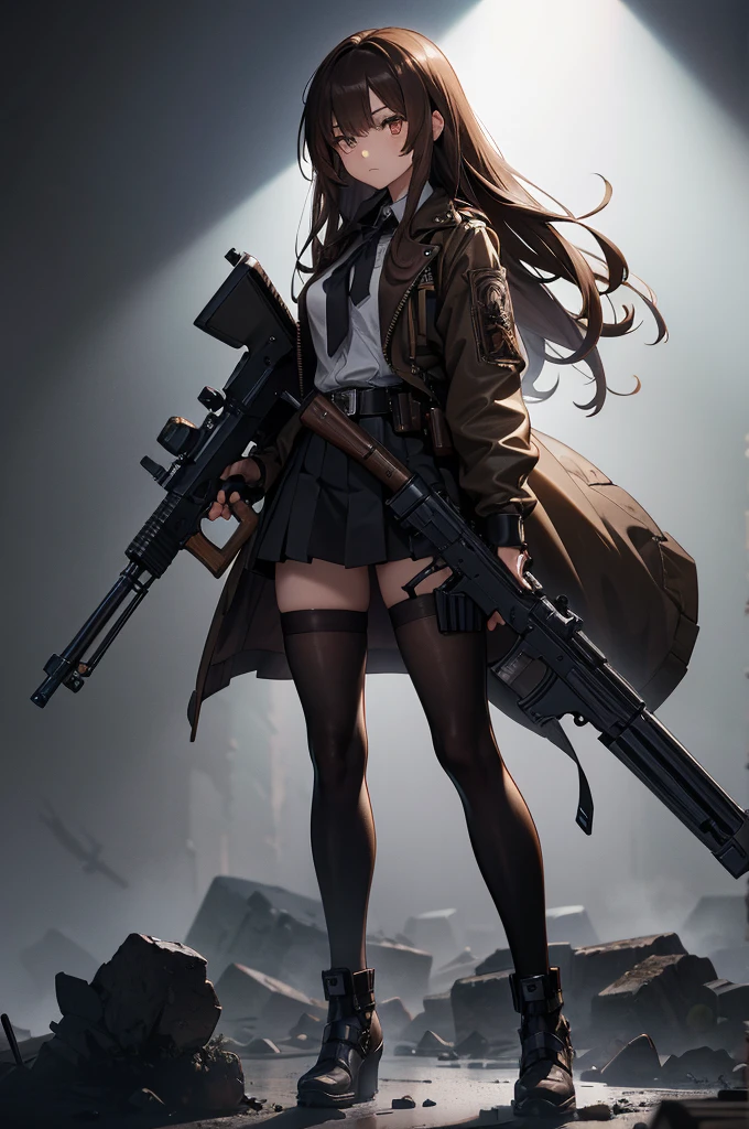 Doll joints,　In the spotlight, holding_gun, assault_rifle, Very detailed, Brown Hair, Long Hair, Anime Style, whole body, alone, Stylish Gunfighter Girl, Holding a steampunk long barrel pistol,Standing in the wasteland, 8K high resolution, White Background, The background is a dark and desolate landscape, Horror movie atmosphere. Her figure is very beautiful, Emphasizing the dark and crazy elements. Skillfully expressing the effects of light and shadow, Anime girls with guns and rifles, from Girls&#39; Frontline, mechanized soldier girl, Girls&#39; Frontline style