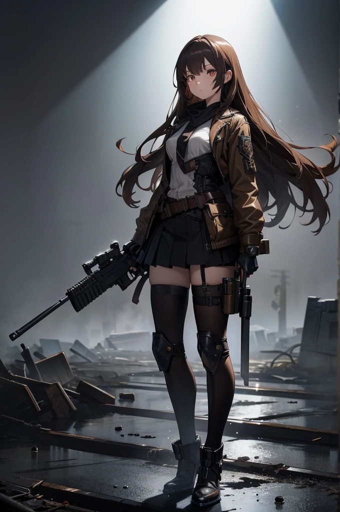 Doll joints,　In the spotlight, holding_gun, assault_rifle, Very detailed, Brown Hair, Long Hair, Anime Style, whole body, alone, Stylish Gunfighter Girl, Holding a steampunk long barrel pistol,Standing in the wasteland, 8K high resolution, White Background, The background is a dark and desolate landscape, Horror movie atmosphere. Her figure is very beautiful, Emphasizing the dark and crazy elements. Skillfully expressing the effects of light and shadow, Anime girls with guns and rifles, from Girls&#39; Frontline, mechanized soldier girl, Girls&#39; Frontline style
