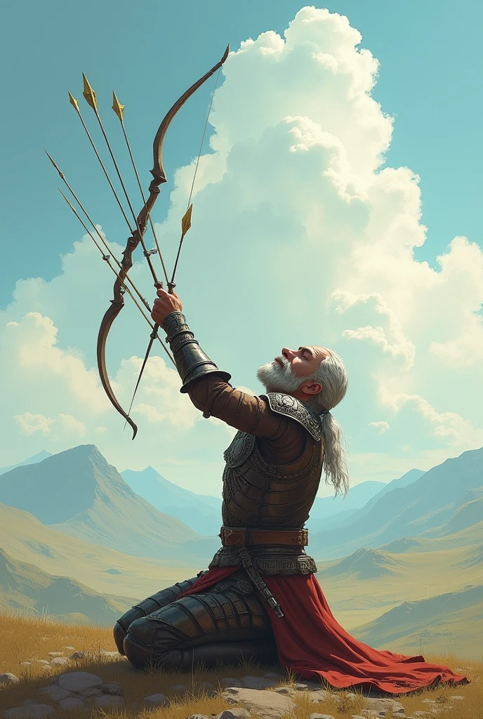 A warrior kneels and bows his head, shooting arrows at the sky