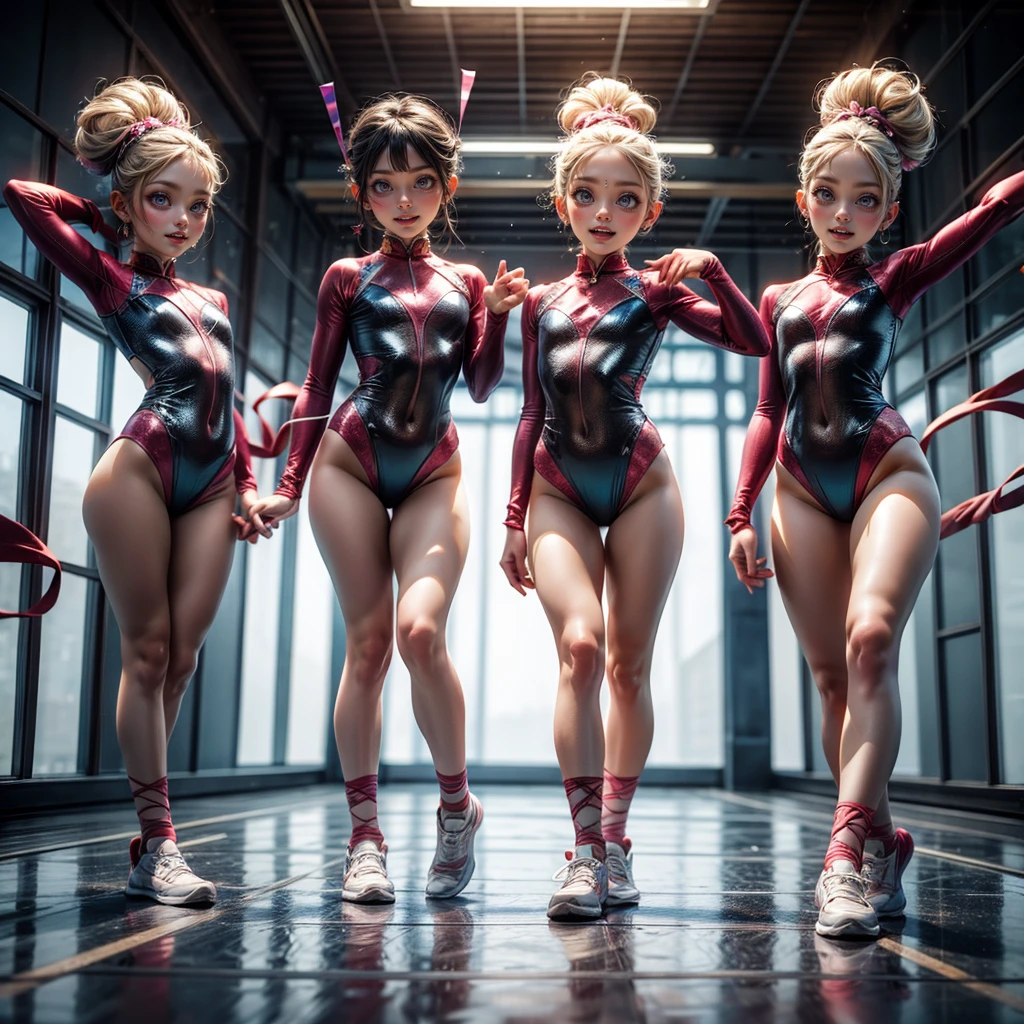 ExtremelyDetailed (((Rhythmic Gymnastics Team Kawaii Kids in a row:1.4))), Childish perfect face, Reflective Eyes, Detailed(Delicate Clothing textures), Corrected Leg to Foot Line, Corrected Perfect Hand, Dynamic Joyful Expressions LifeLike Rendering, ((Specular Reflection:1.28)), TopQuality 8K Ultra-detailed masterpiece (ProfessionalPhoto:1.37)(Acutance:0.8),(Luminism:1.22),