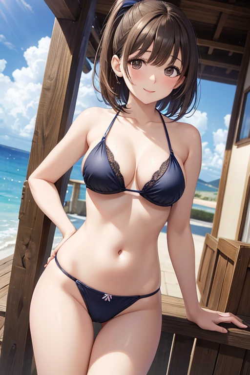 anegasaki nene、Shiny brown hair, short hair, (Beautiful brown eyes、Sparkling eyes, Fine grain)、smile、Ultra-detailed eyes、Highly detailed face, Highly detailed eyes,Cowboy Shot、
((masterpiece:1.6, Highest quality), (Beautiful, detailed eyes: 1.2), ph_Cat, Cathdshort, One girl, Brown eyes, ponytail, short hair, Fan-shaped bikini, Ocean, null, cloud, wood, Wave,